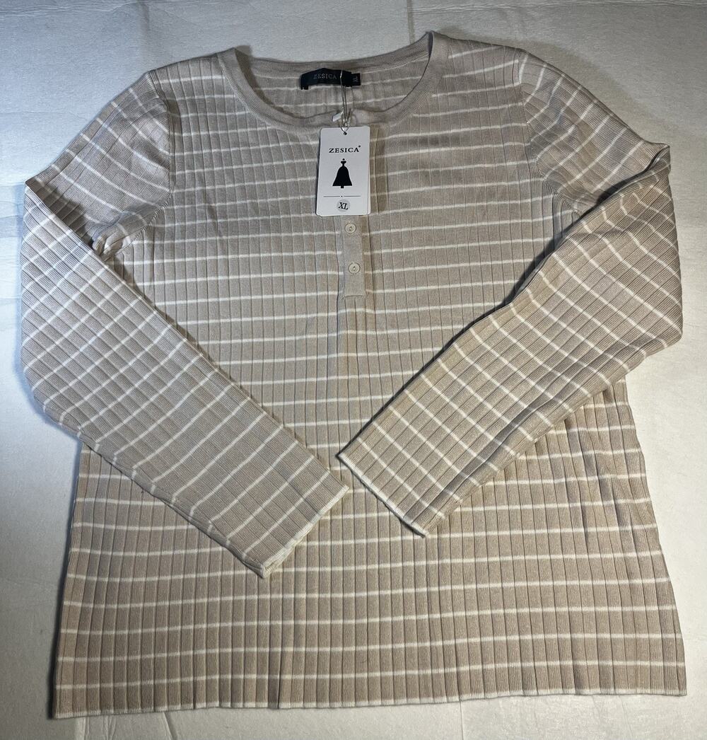 ZESICA Women’s XL Beige White Striped Ribbed Henley Long Sleeve Top NWT